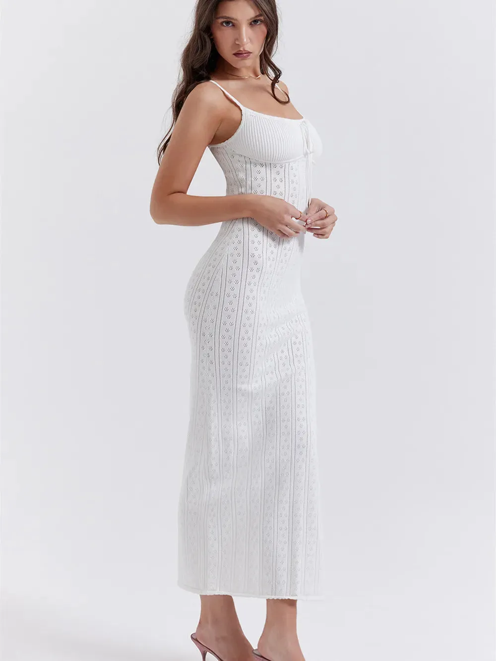 2023 Women's Summer Long Dress Sleeveless Spaghetti Strap Tie-up Front Solid Color Knit Dress Party Club Beachwear