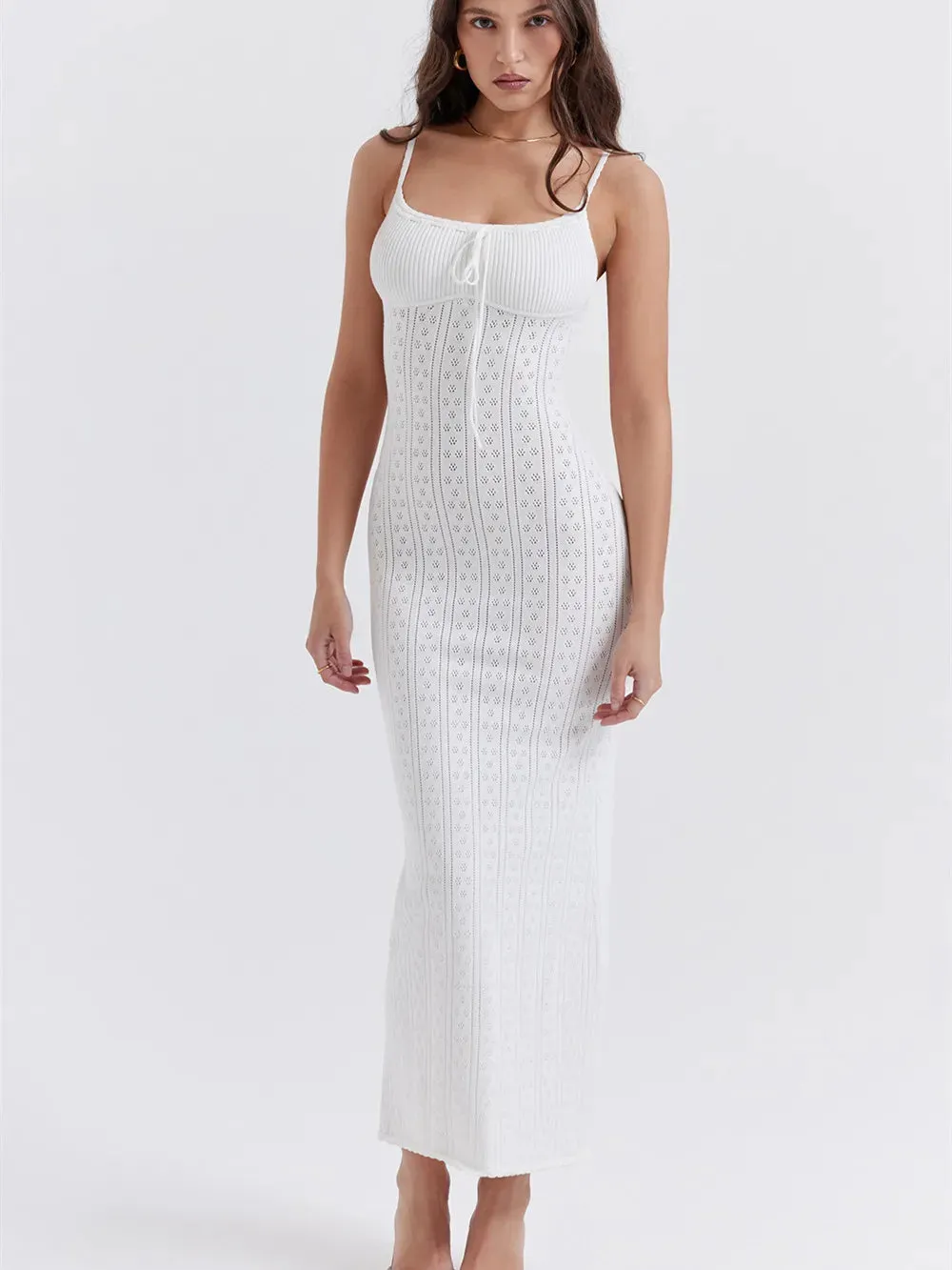 2023 Women's Summer Long Dress Sleeveless Spaghetti Strap Tie-up Front Solid Color Knit Dress Party Club Beachwear