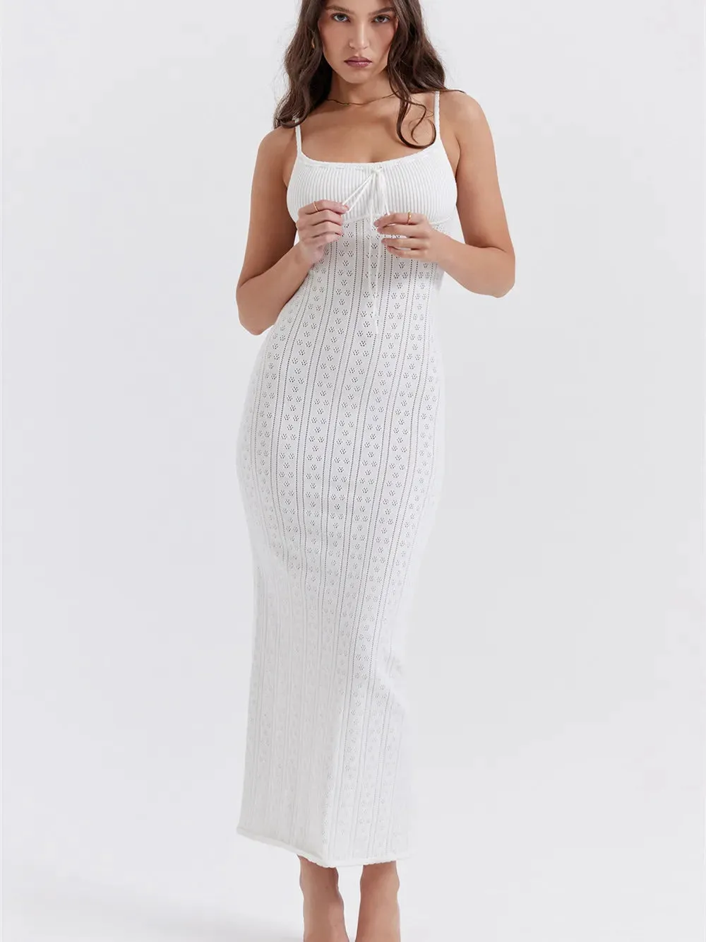 2023 Women's Summer Long Dress Sleeveless Spaghetti Strap Tie-up Front Solid Color Knit Dress Party Club Beachwear