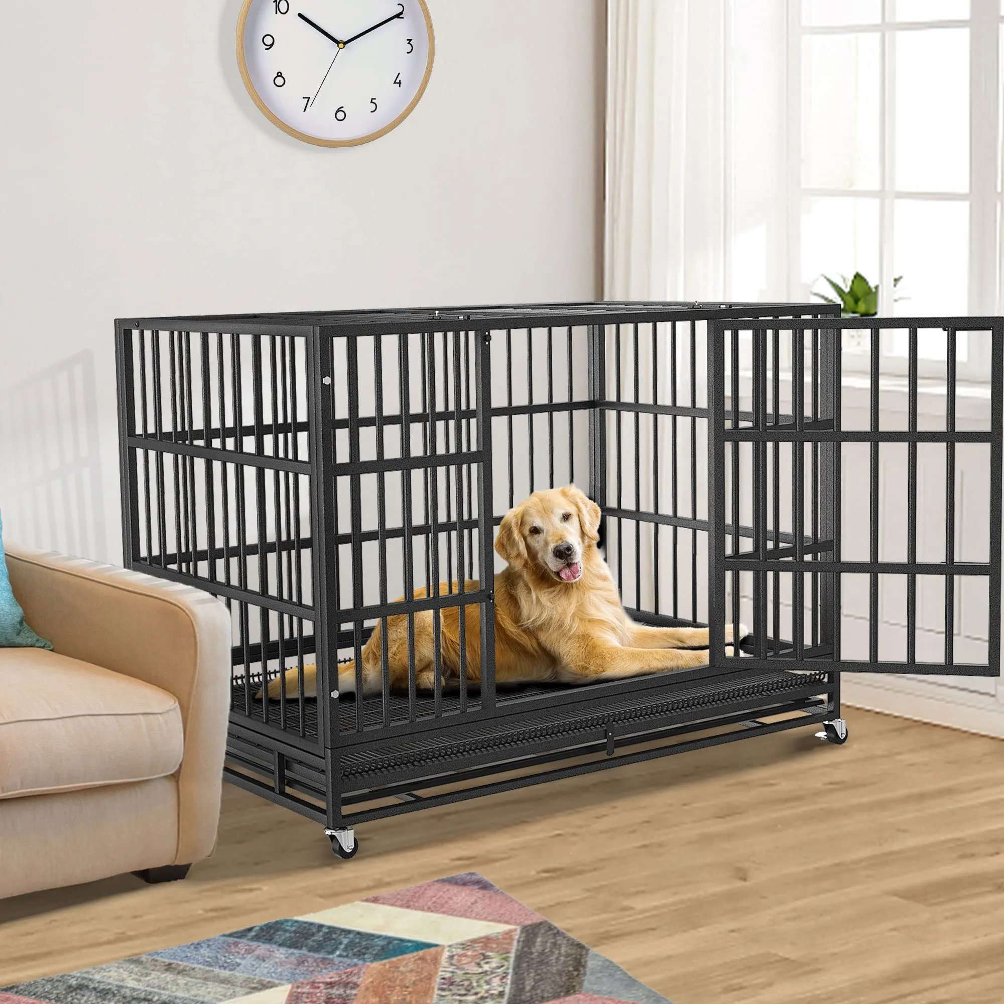 48/42/38 inch Heavy Duty Indestructible and Escape-Proof Dog Crate Cage Kennel for Large Dogs