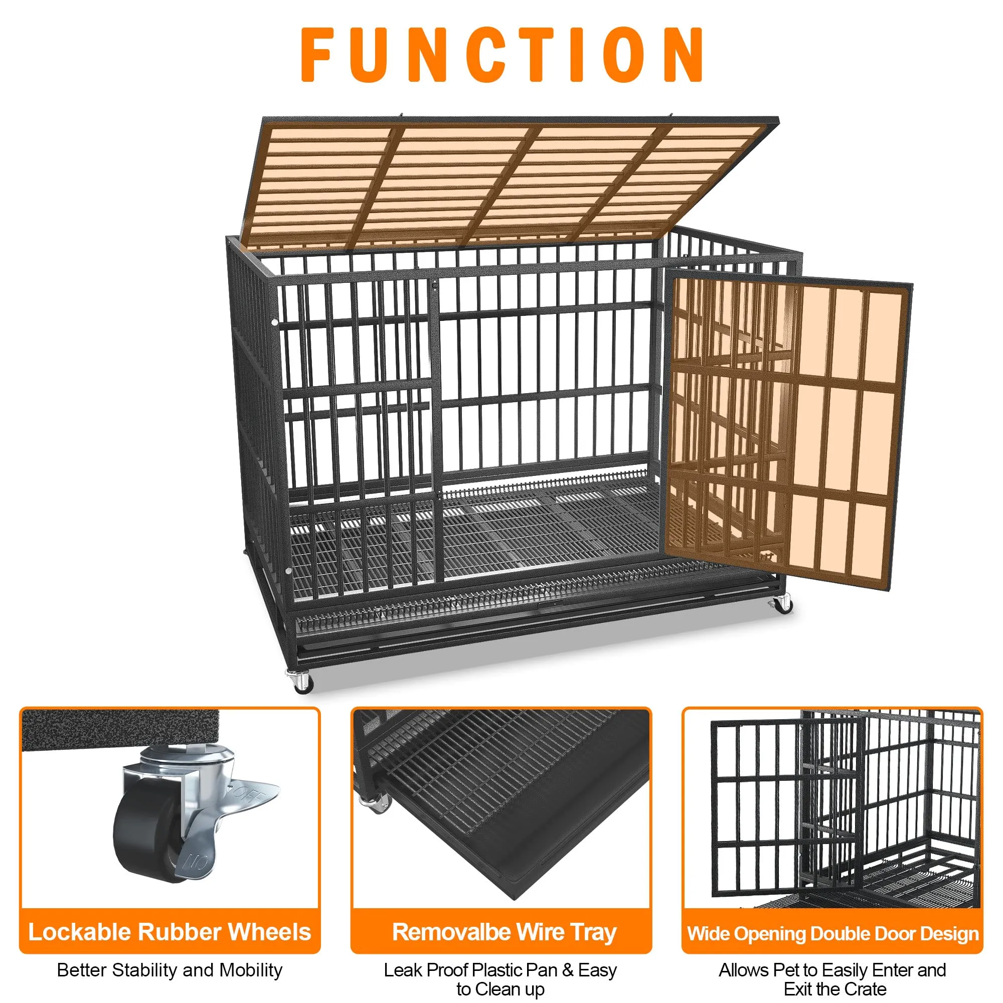 48/42/38 inch Heavy Duty Indestructible and Escape-Proof Dog Crate Cage Kennel for Large Dogs