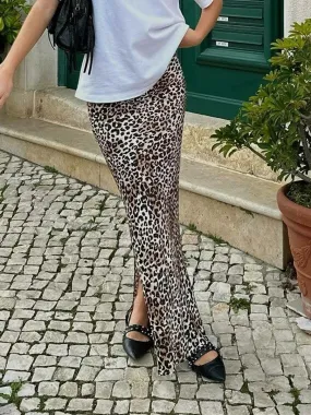 A-Line Long Y2K Animal Cheetah Leopard Print Low Rise Slit Streetwear Summer Skirt