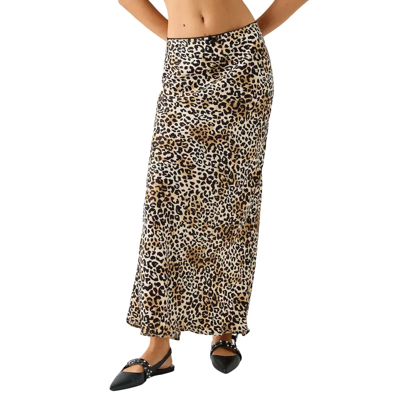 A-Line Long Y2K Animal Cheetah Leopard Print Low Rise Slit Streetwear Summer Skirt