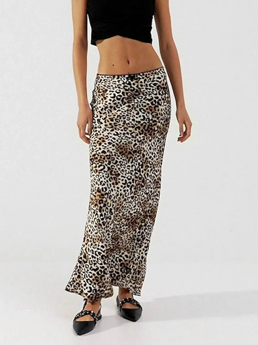 A-Line Long Y2K Animal Cheetah Leopard Print Low Rise Slit Streetwear Summer Skirt