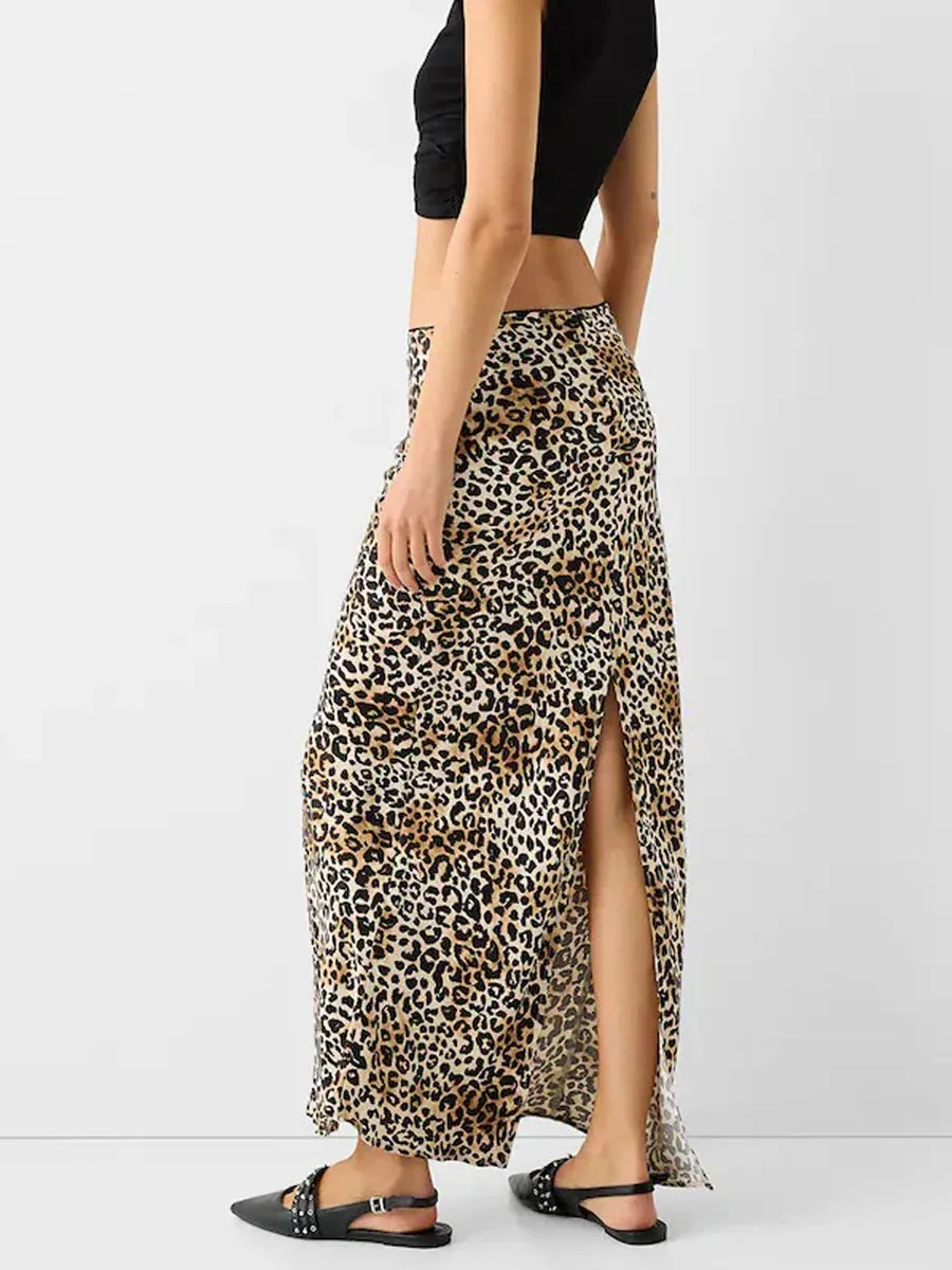 A-Line Long Y2K Animal Cheetah Leopard Print Low Rise Slit Streetwear Summer Skirt