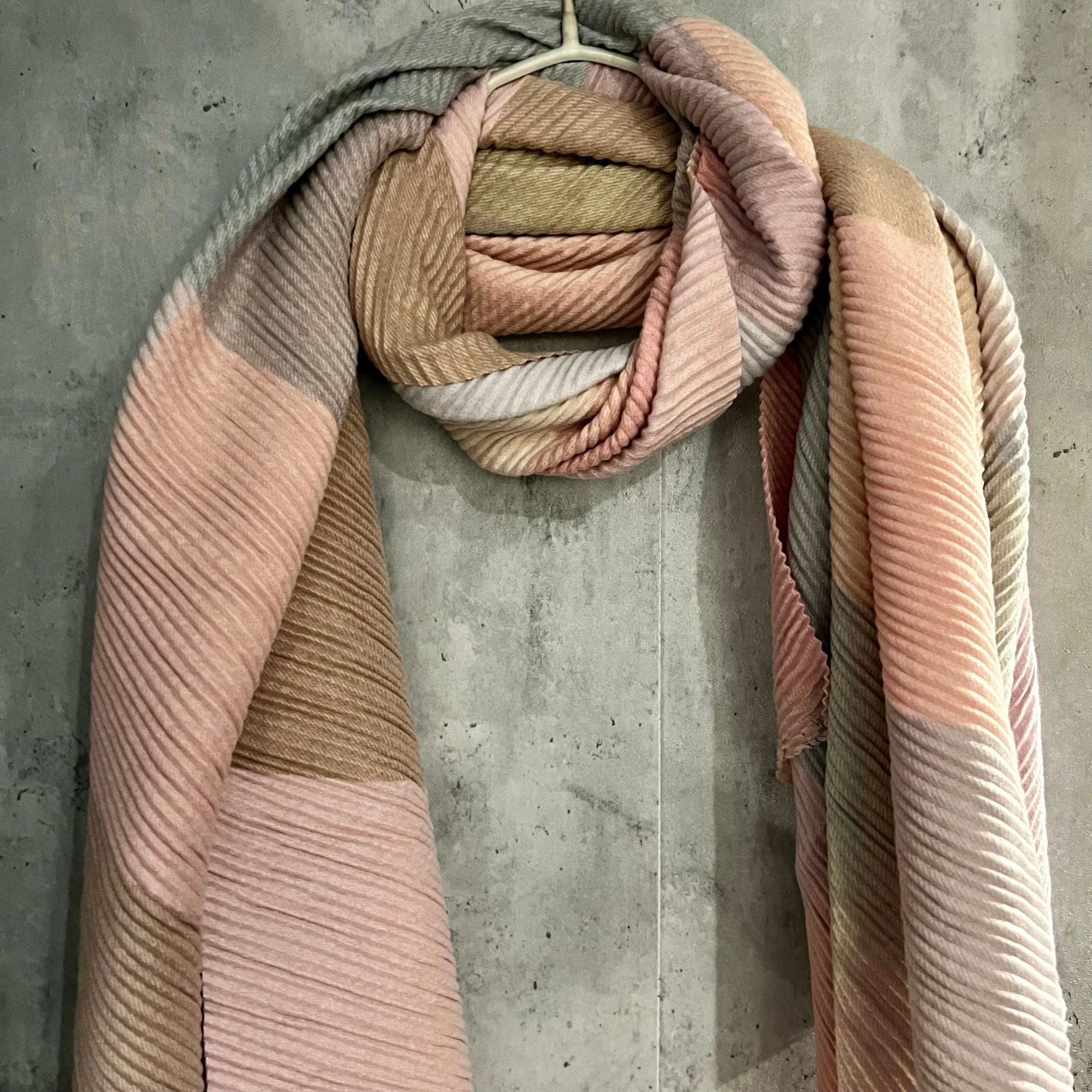 Block Pattern Pink Grey Beige Cashmere Blend Autumn Winter Scarf