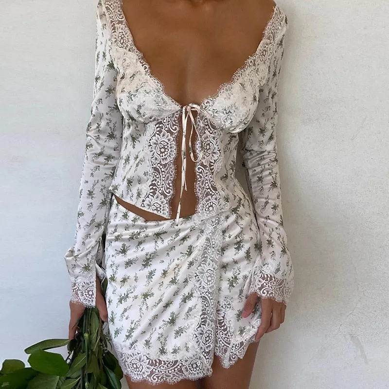 Bonnyshow Autumn outfits French Romance Floral Print Two Piece Set Chic Women Vintage Lace Trim Tie Up V Neck Crop Top Mini Pencil Skirt Y2K Retro Outfit
