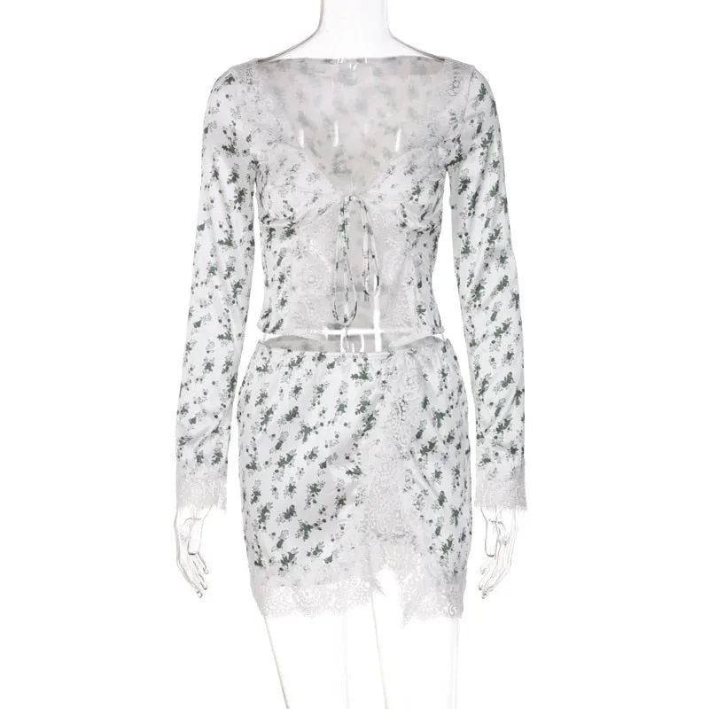 Bonnyshow Autumn outfits French Romance Floral Print Two Piece Set Chic Women Vintage Lace Trim Tie Up V Neck Crop Top Mini Pencil Skirt Y2K Retro Outfit