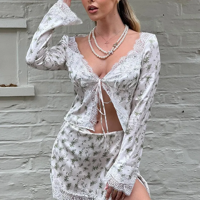 Bonnyshow Autumn outfits French Romance Floral Print Two Piece Set Chic Women Vintage Lace Trim Tie Up V Neck Crop Top Mini Pencil Skirt Y2K Retro Outfit