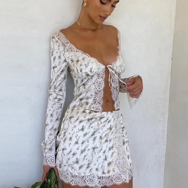 Bonnyshow Autumn outfits French Romance Floral Print Two Piece Set Chic Women Vintage Lace Trim Tie Up V Neck Crop Top Mini Pencil Skirt Y2K Retro Outfit