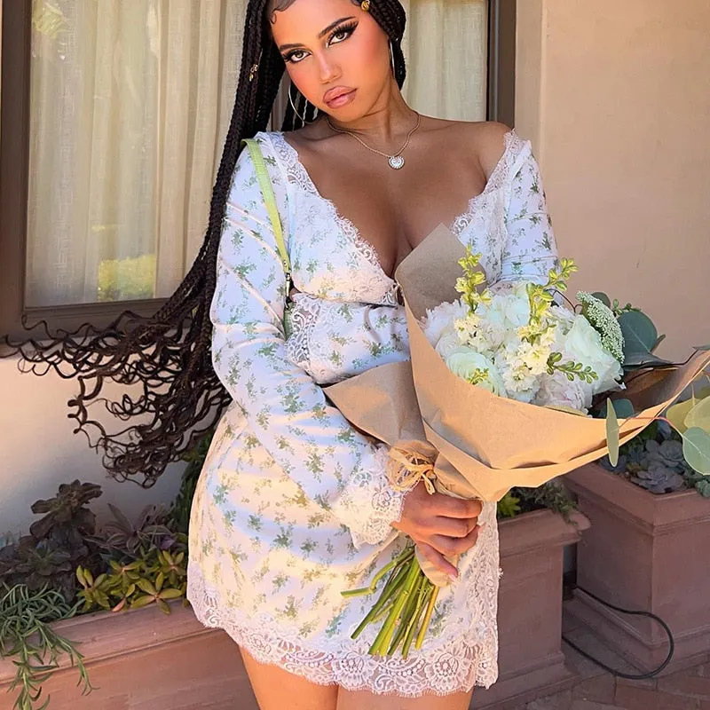 Bonnyshow Autumn outfits French Romance Floral Print Two Piece Set Chic Women Vintage Lace Trim Tie Up V Neck Crop Top Mini Pencil Skirt Y2K Retro Outfit