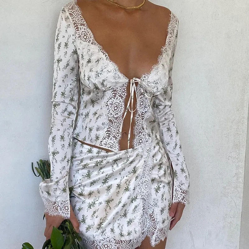 Bonnyshow Autumn outfits French Romance Floral Print Two Piece Set Chic Women Vintage Lace Trim Tie Up V Neck Crop Top Mini Pencil Skirt Y2K Retro Outfit