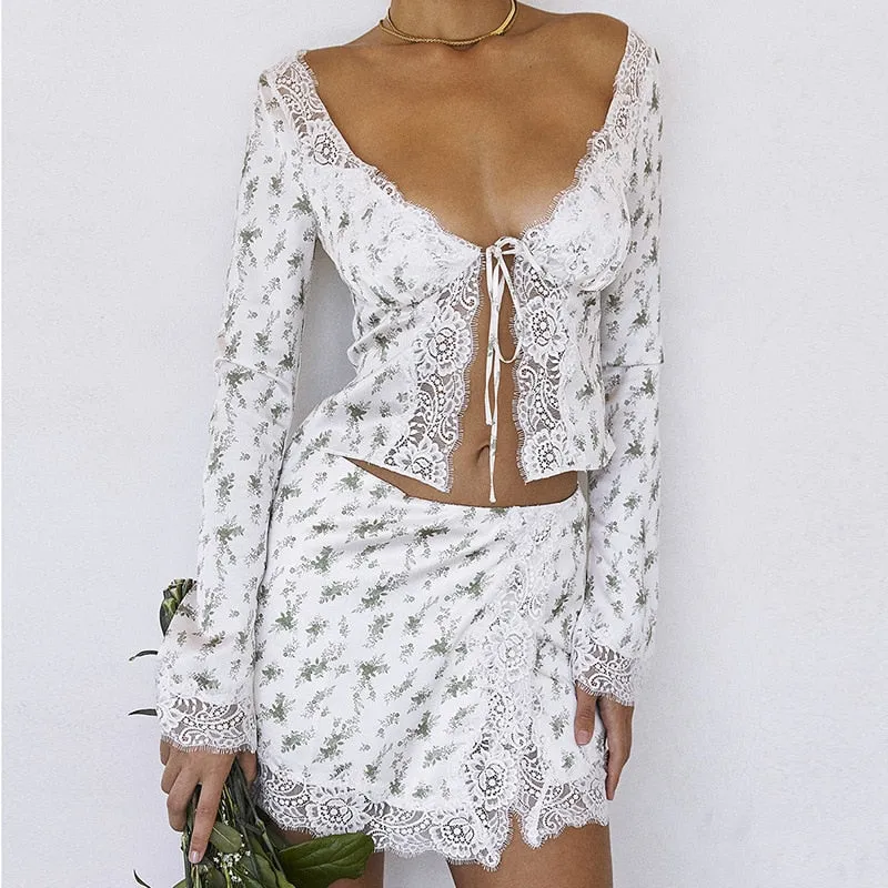 Bonnyshow Autumn outfits French Romance Floral Print Two Piece Set Chic Women Vintage Lace Trim Tie Up V Neck Crop Top Mini Pencil Skirt Y2K Retro Outfit