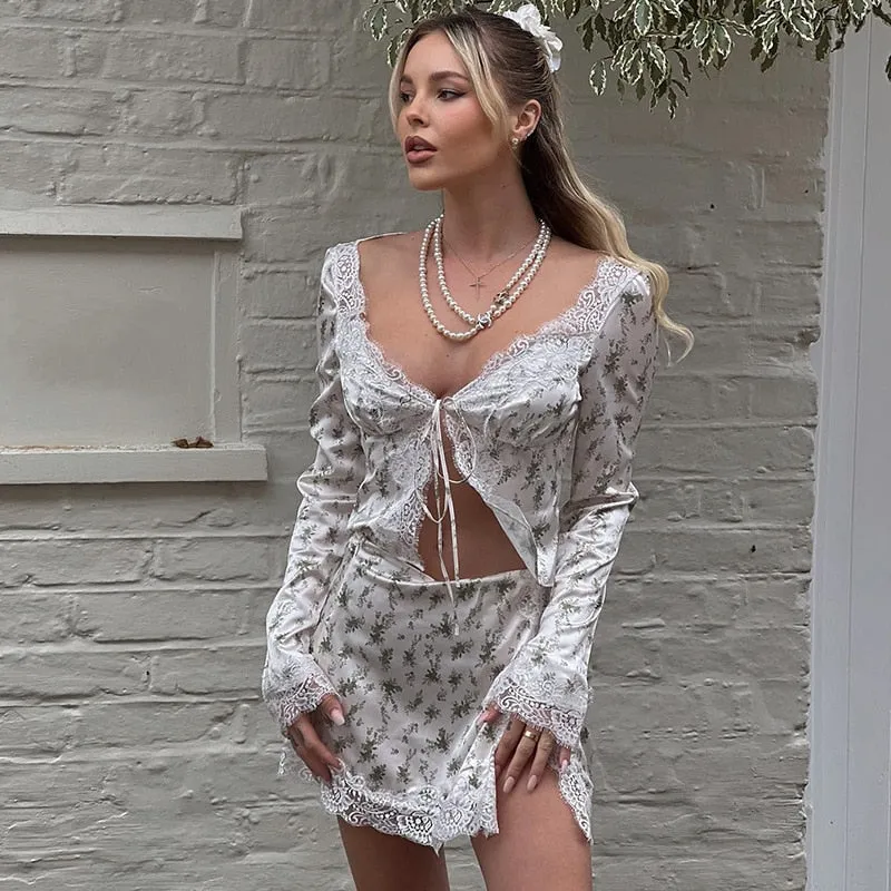 Bonnyshow Autumn outfits French Romance Floral Print Two Piece Set Chic Women Vintage Lace Trim Tie Up V Neck Crop Top Mini Pencil Skirt Y2K Retro Outfit