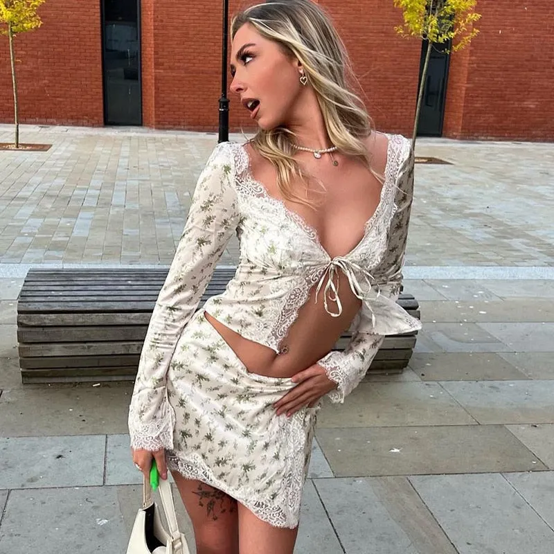 Bonnyshow Autumn outfits French Romance Floral Print Two Piece Set Chic Women Vintage Lace Trim Tie Up V Neck Crop Top Mini Pencil Skirt Y2K Retro Outfit