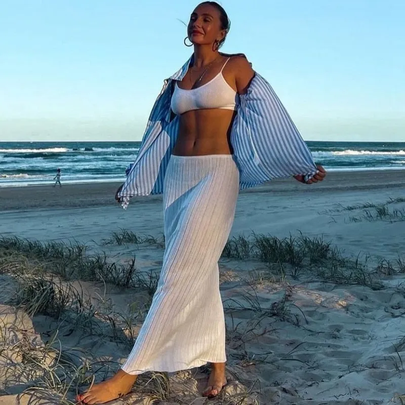 Bonnyshow Chic Women Summer Beach Knitted Pencil Skirt 90S Vintage High Waist Skinny Bodycon Midi Skirt Cover-Ups Y2K Fashion Streetwear