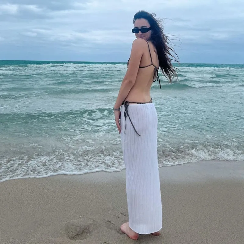 Bonnyshow Chic Women Summer Beach Knitted Pencil Skirt 90S Vintage High Waist Skinny Bodycon Midi Skirt Cover-Ups Y2K Fashion Streetwear