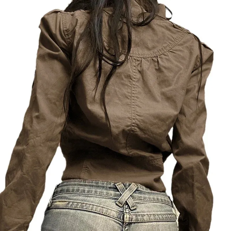 Bonnyshow Y2k Fall Winter Crop Jackets for Women Turtleneck Zip Up Coats Brown 90s Vintage Clothes Bomber Jacket
