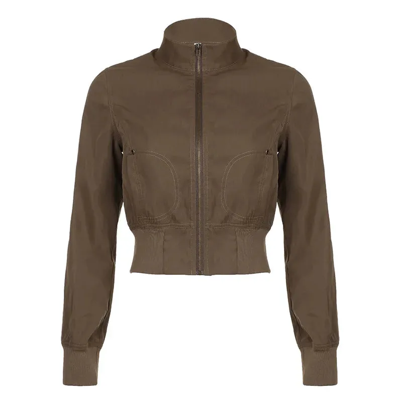 Bonnyshow Y2k Fall Winter Crop Jackets for Women Turtleneck Zip Up Coats Brown 90s Vintage Clothes Bomber Jacket