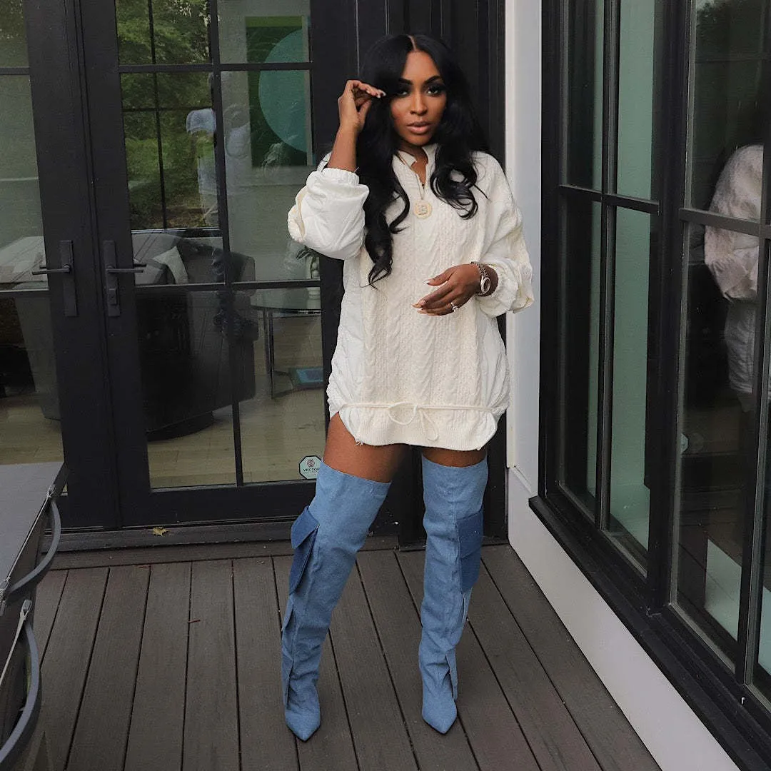 Casual Loose Patchwork Knitting Drawstring Cotton Coat Jacket