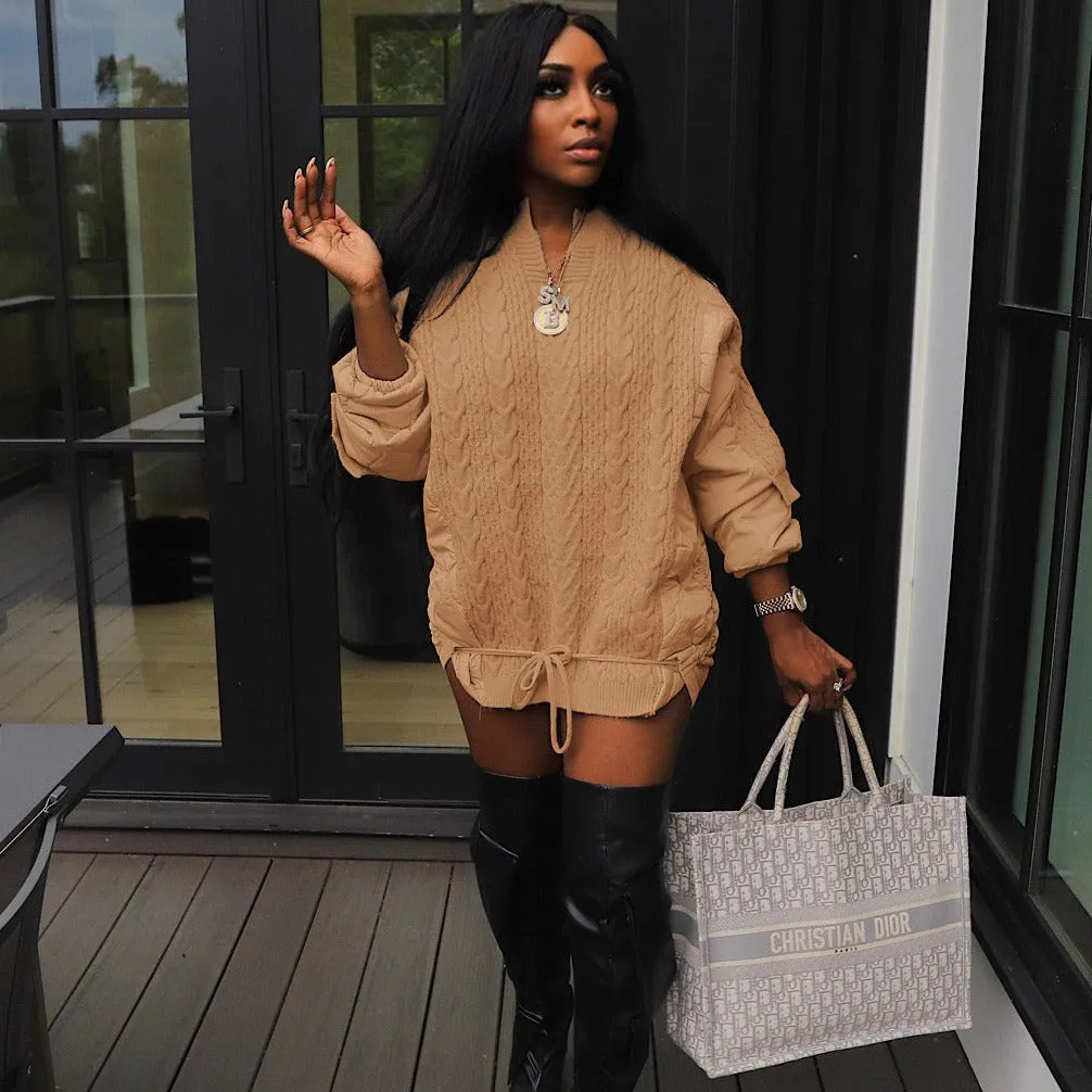Casual Loose Patchwork Knitting Drawstring Cotton Coat Jacket