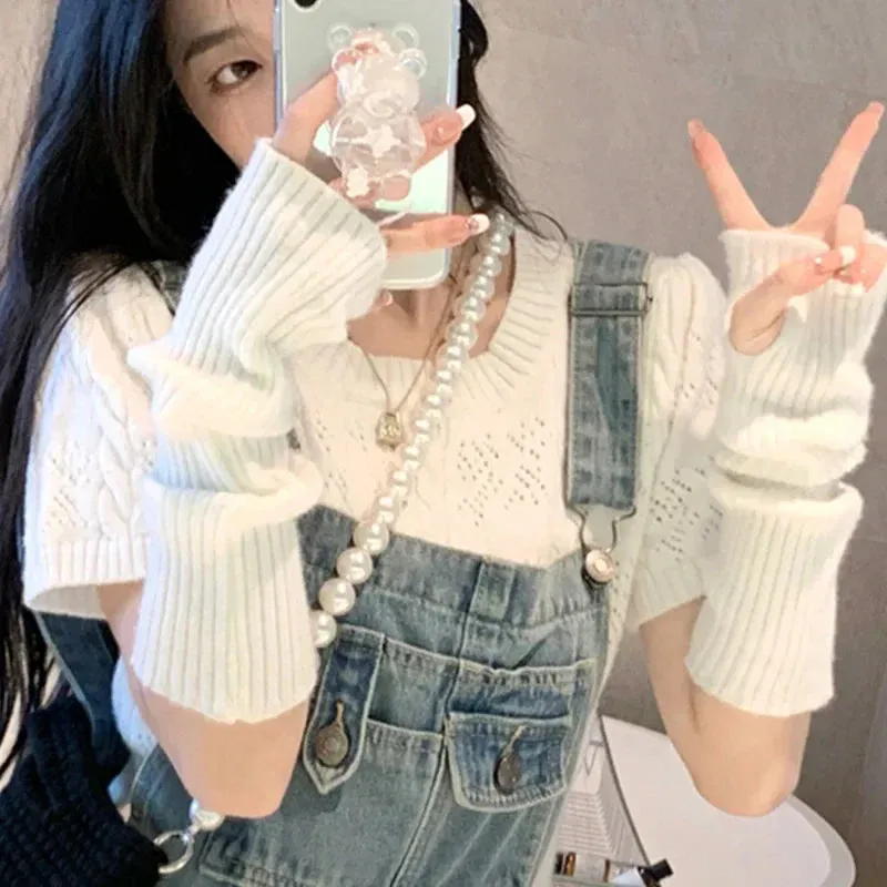 elvesmall Women Knitted Arm Warmer Long Fingerless Gloves Mitten Winter Y2K Solid Arm Sleeve Fashion Casual Soft Girls Clothes Punk Gloves