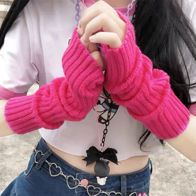 elvesmall Women Knitted Arm Warmer Long Fingerless Gloves Mitten Winter Y2K Solid Arm Sleeve Fashion Casual Soft Girls Clothes Punk Gloves