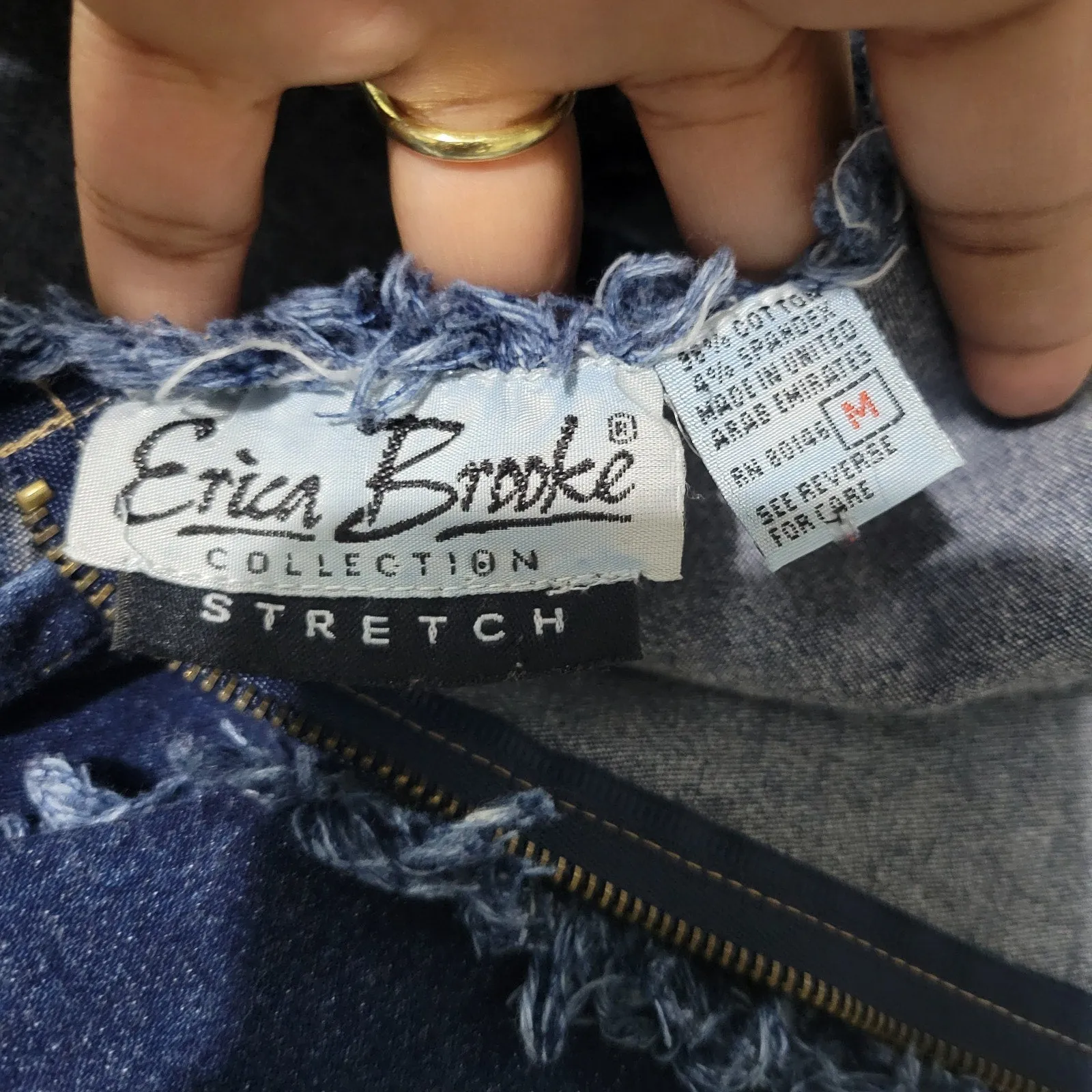Erika Brooke Vintage Denim Dress Blue Bodycon Studs Exposed Seams Asymmetric Stretch Pencil Size Medium