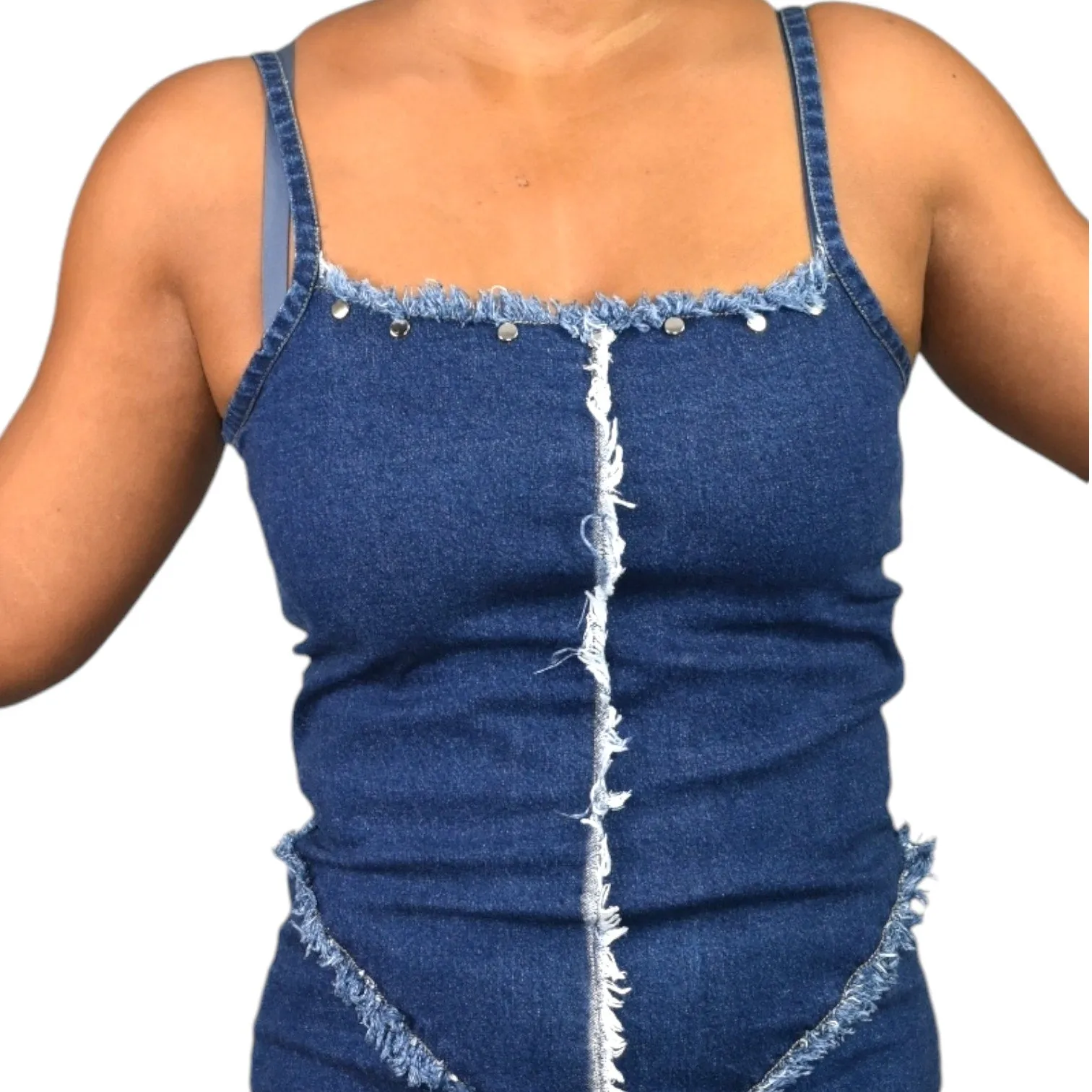 Erika Brooke Vintage Denim Dress Blue Bodycon Studs Exposed Seams Asymmetric Stretch Pencil Size Medium