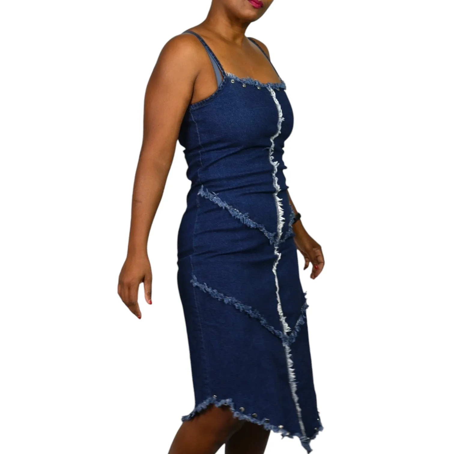 Erika Brooke Vintage Denim Dress Blue Bodycon Studs Exposed Seams Asymmetric Stretch Pencil Size Medium
