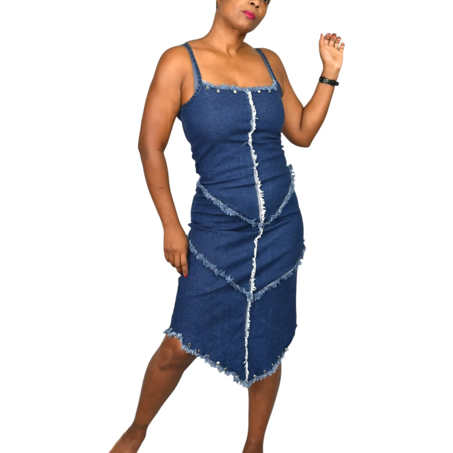 Erika Brooke Vintage Denim Dress Blue Bodycon Studs Exposed Seams Asymmetric Stretch Pencil Size Medium