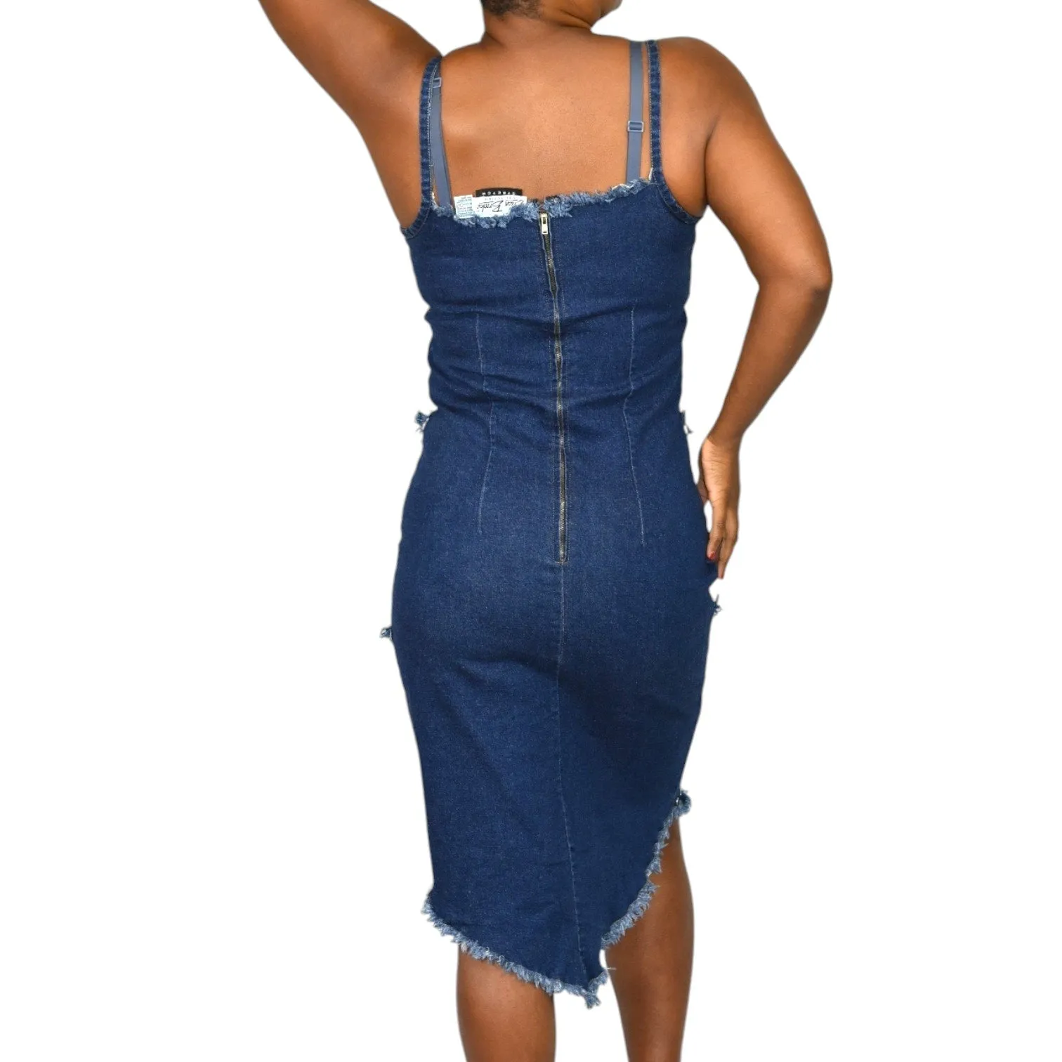 Erika Brooke Vintage Denim Dress Blue Bodycon Studs Exposed Seams Asymmetric Stretch Pencil Size Medium