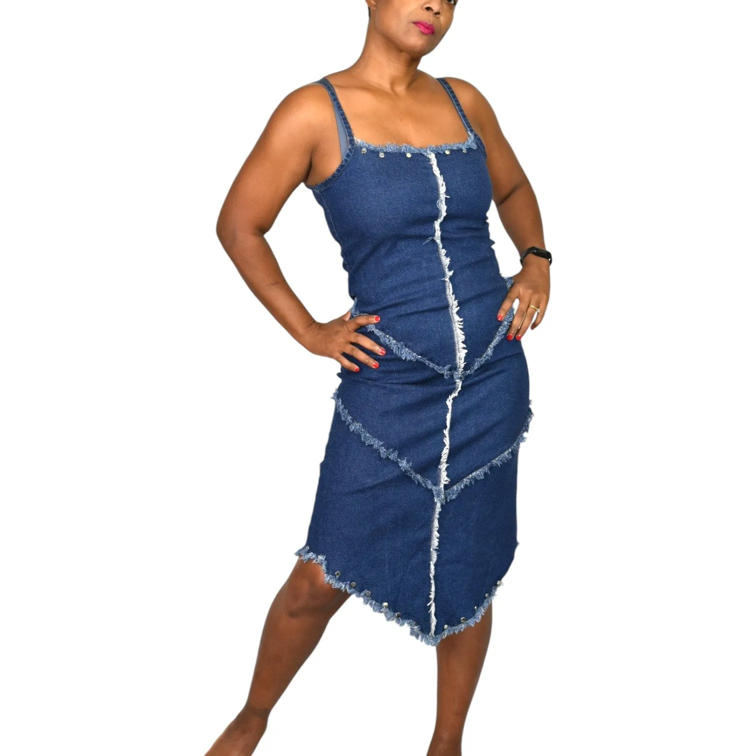 Erika Brooke Vintage Denim Dress Blue Bodycon Studs Exposed Seams Asymmetric Stretch Pencil Size Medium