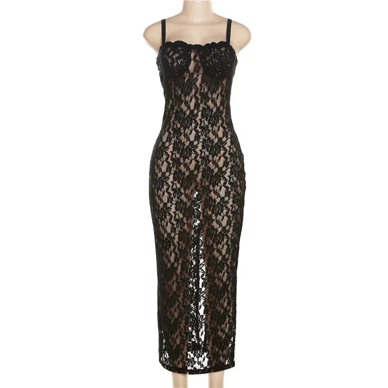 Hollow Out See Through Lace Maxi Split Dress Women Sexy Club Party Outfits Sleeveless Backless Autumn Y2K Streetwear Sundress