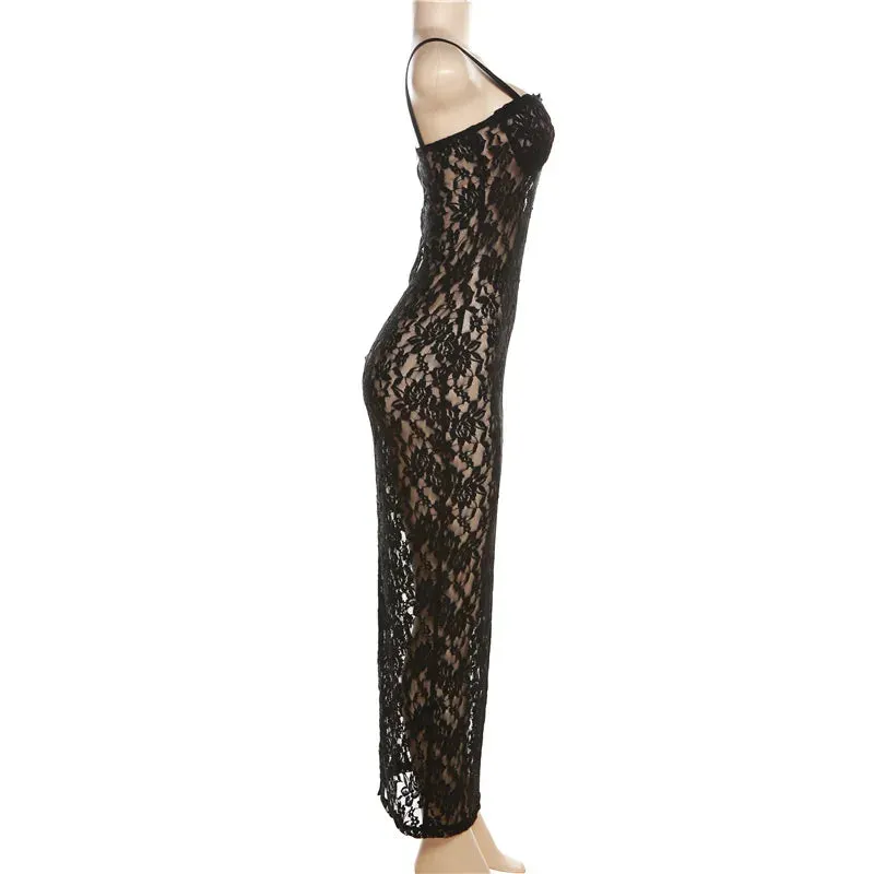 Hollow Out See Through Lace Maxi Split Dress Women Sexy Club Party Outfits Sleeveless Backless Autumn Y2K Streetwear Sundress
