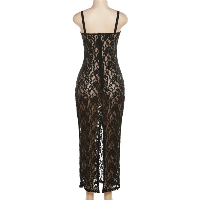 Hollow Out See Through Lace Maxi Split Dress Women Sexy Club Party Outfits Sleeveless Backless Autumn Y2K Streetwear Sundress