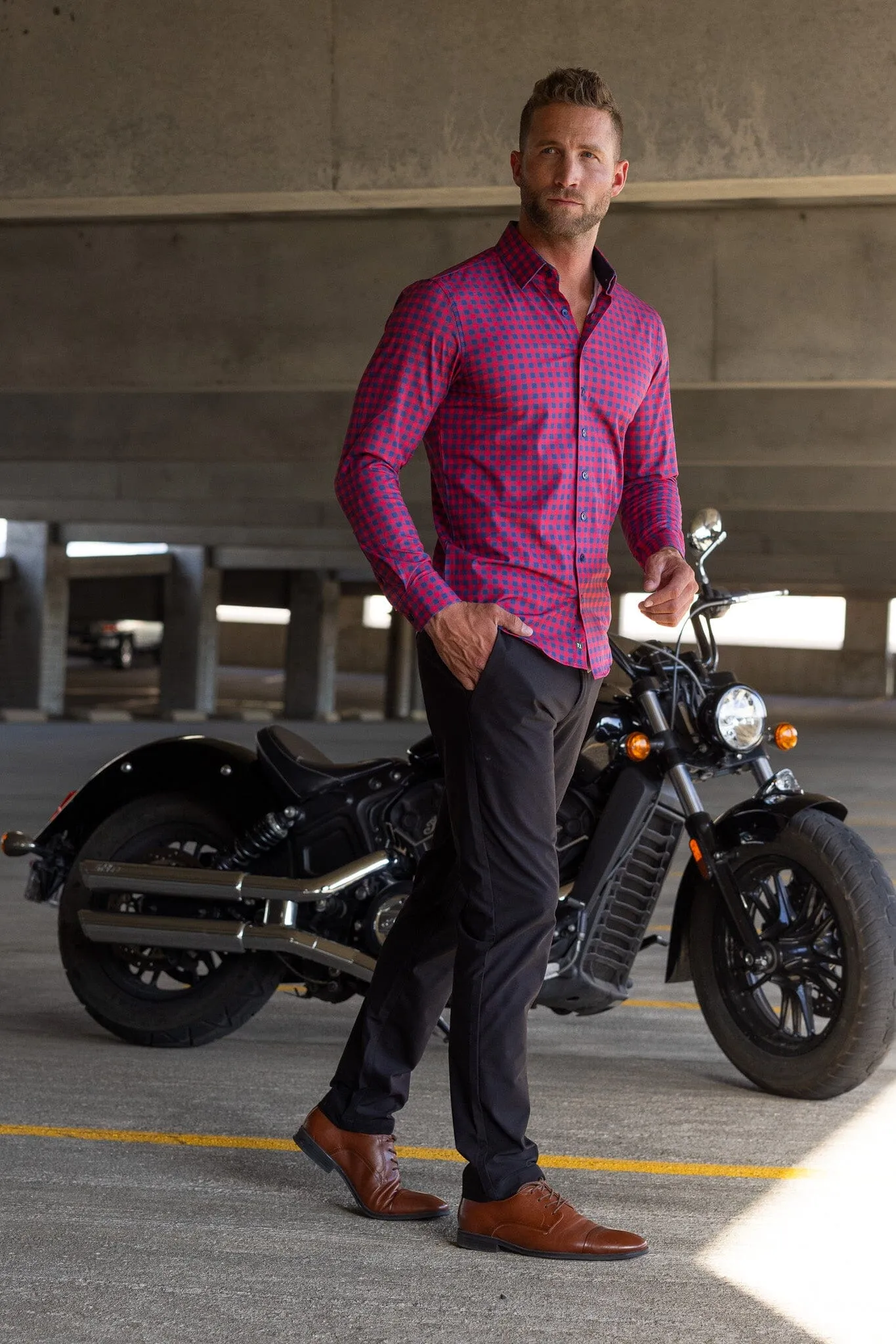 Hustle Sport Shirt - Long Sleeve - Red Navy Gingham