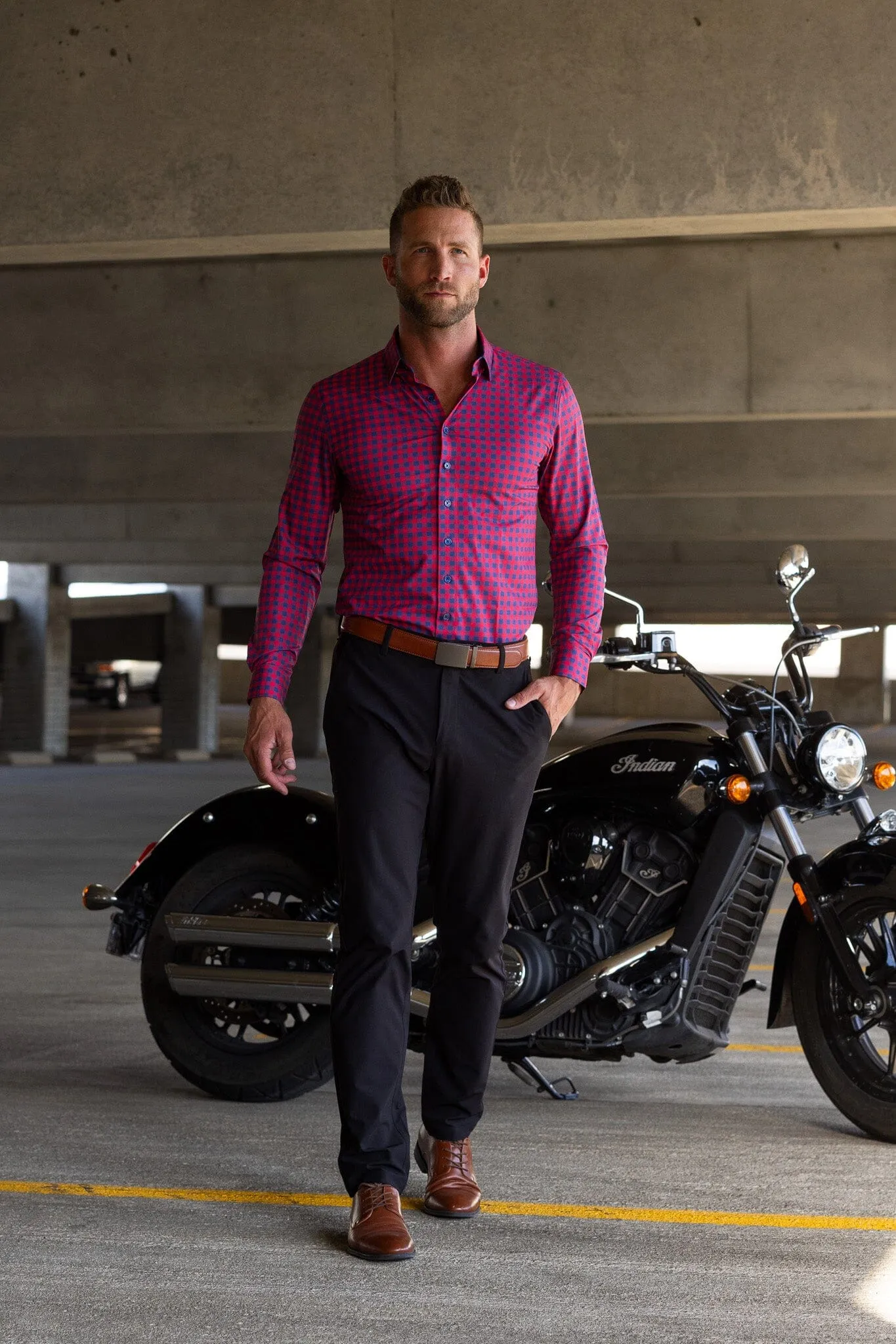 Hustle Sport Shirt - Long Sleeve - Red Navy Gingham