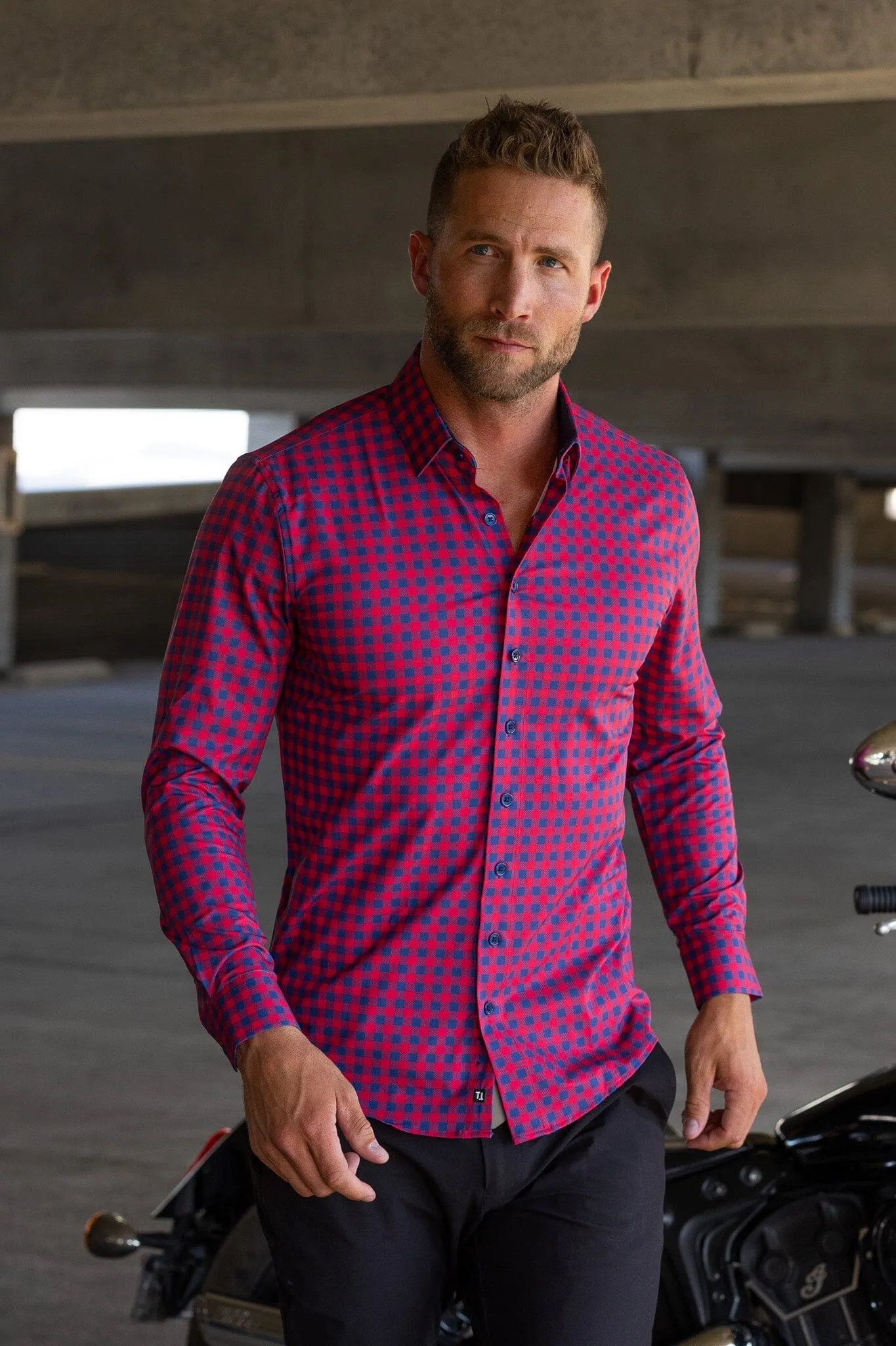 Hustle Sport Shirt - Long Sleeve - Red Navy Gingham