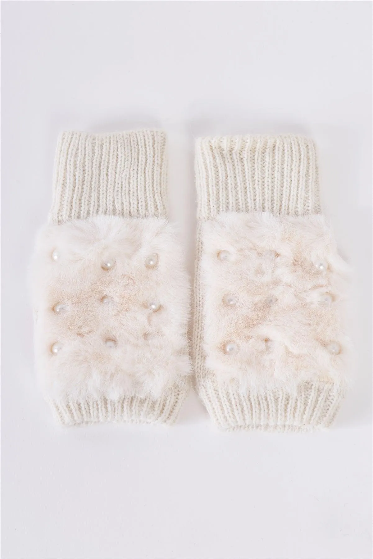Ivory Knit Furry Fingerless Pearl Detail Winter Gloves /3 Pieces