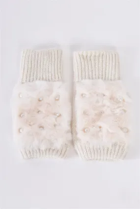 Ivory Knit Furry Fingerless Pearl Detail Winter Gloves /3 Pieces