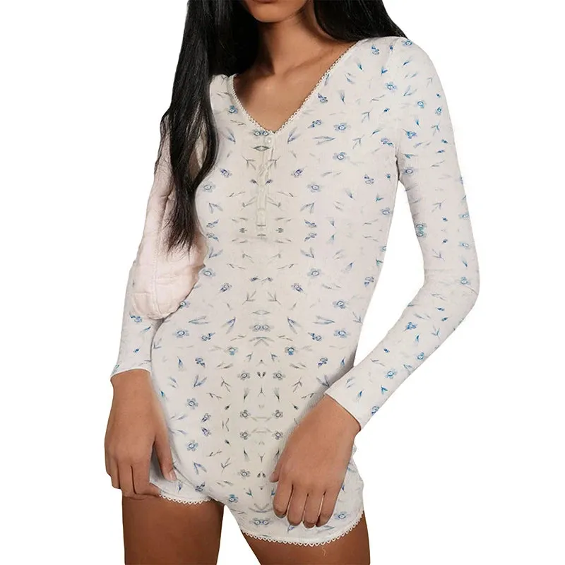 Maemukilabe Y2K Floral Print Button Up Playsuit Autumn Long Sleeve Slim Fit Romper Chic Women Vintage Bodysuit Overall Pajamas