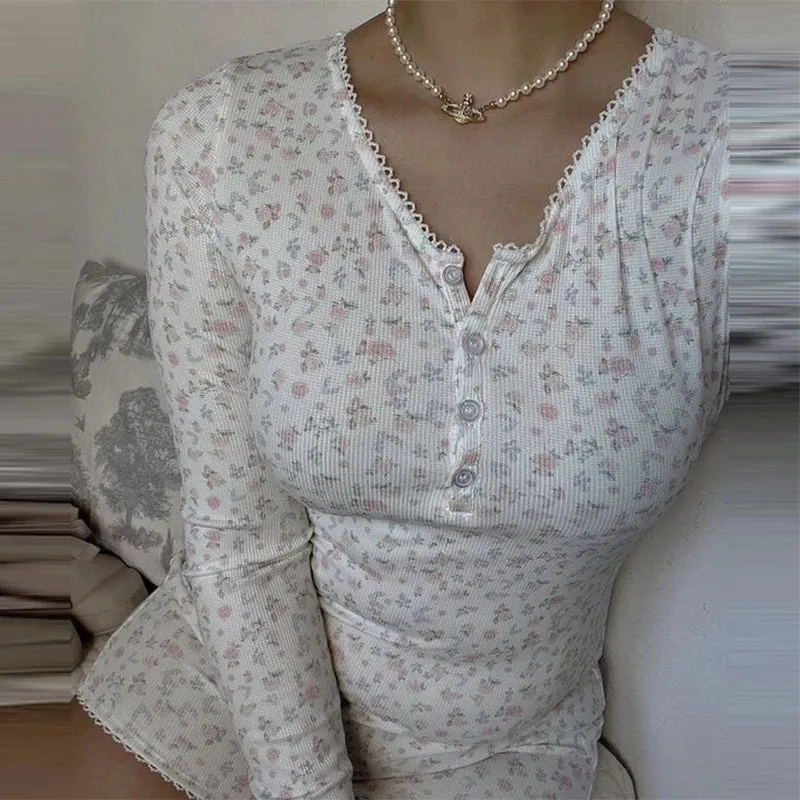Maemukilabe Y2K Floral Print Button Up Playsuit Autumn Long Sleeve Slim Fit Romper Chic Women Vintage Bodysuit Overall Pajamas