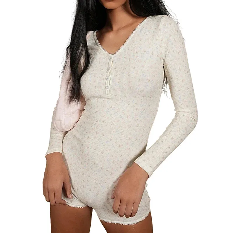 Maemukilabe Y2K Floral Print Button Up Playsuit Autumn Long Sleeve Slim Fit Romper Chic Women Vintage Bodysuit Overall Pajamas