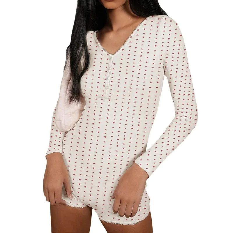 Maemukilabe Y2K Floral Print Button Up Playsuit Autumn Long Sleeve Slim Fit Romper Chic Women Vintage Bodysuit Overall Pajamas