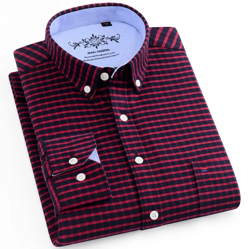 MC - Men’s Long Sleeve Oxford Plaid & Striped Casual Shirt | Regular-Fit Button-Down with Chest Pocket | Thick Work Shirt