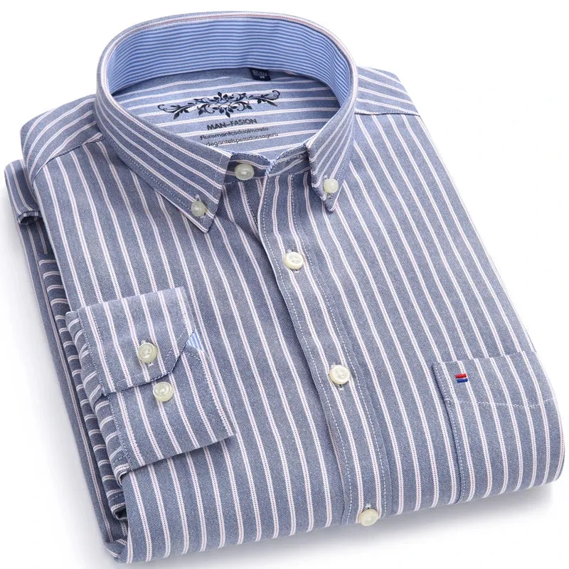 MC - Men’s Long Sleeve Oxford Plaid & Striped Casual Shirt | Regular-Fit Button-Down with Chest Pocket | Thick Work Shirt