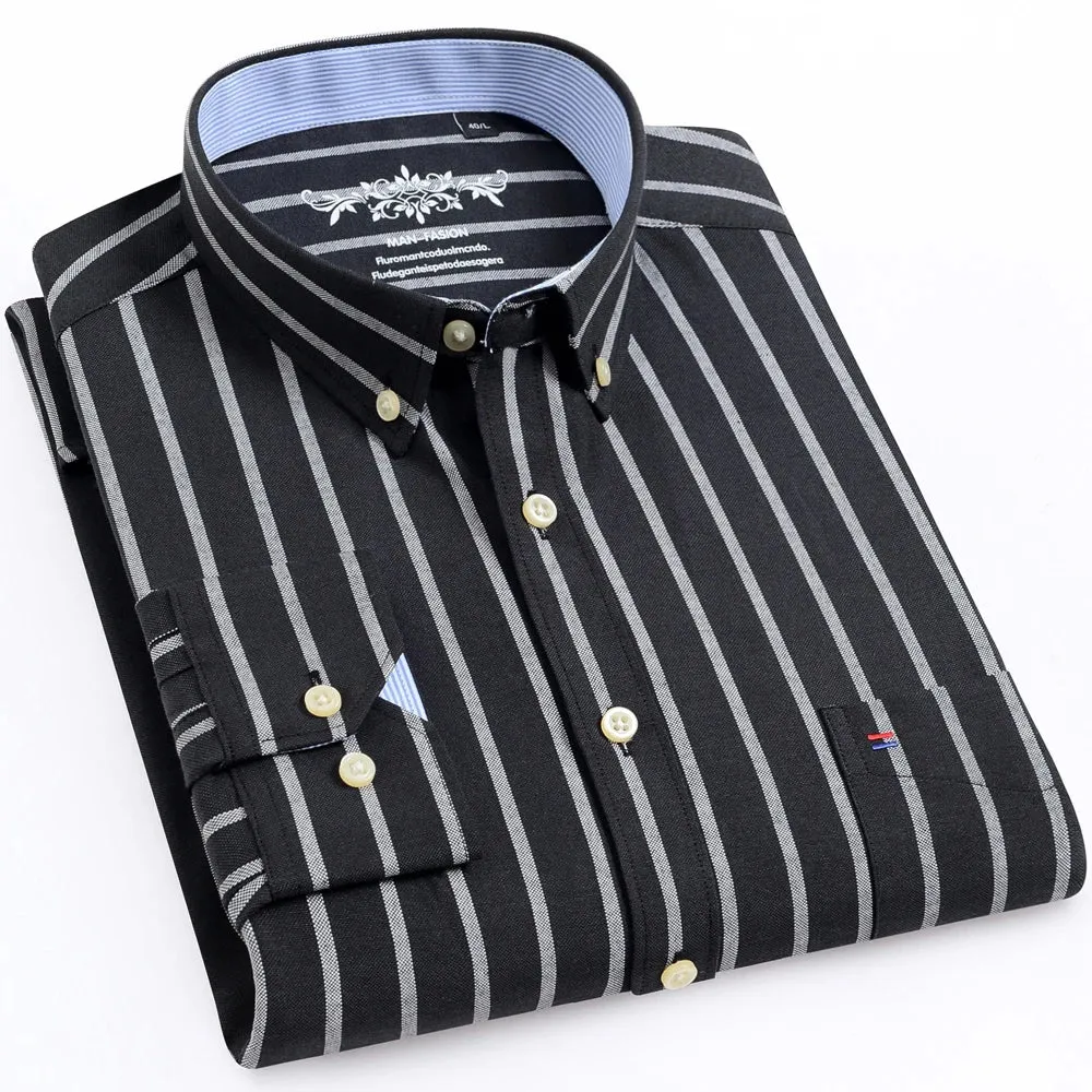 MC - Men’s Long Sleeve Oxford Plaid & Striped Casual Shirt | Regular-Fit Button-Down with Chest Pocket | Thick Work Shirt