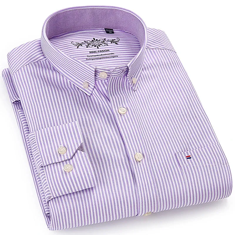 MC - Men’s Long Sleeve Oxford Plaid & Striped Casual Shirt | Regular-Fit Button-Down with Chest Pocket | Thick Work Shirt