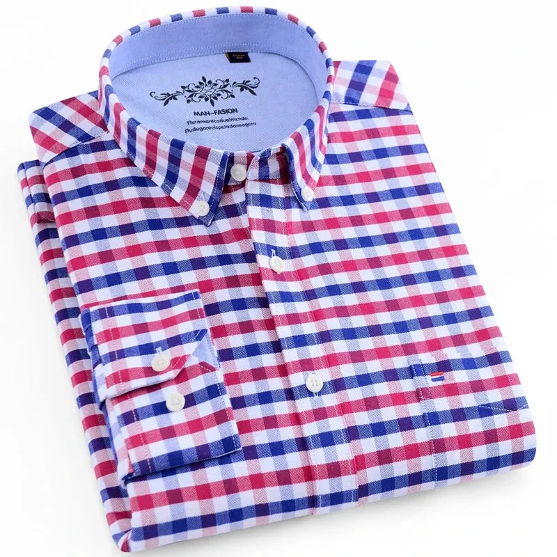 MC - Men’s Long Sleeve Oxford Plaid & Striped Casual Shirt | Regular-Fit Button-Down with Chest Pocket | Thick Work Shirt